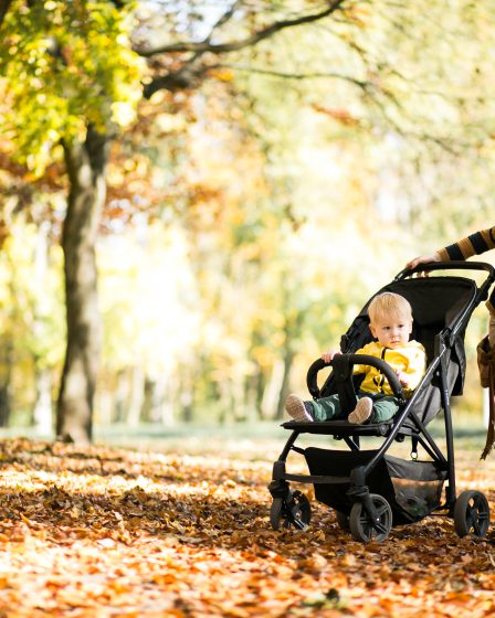 Wózek spacerowy lekki – mama z dzieckiem w wózku na spacerze w parku jesienią