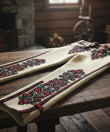 Białe wełniane spodnie góralskie męskie leżące na drewnianym stole w rustykalnym wnętrzu z kominkiem.