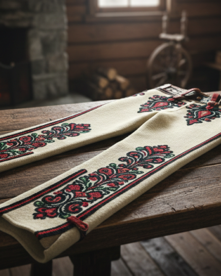 Białe wełniane spodnie góralskie męskie leżące na drewnianym stole w rustykalnym wnętrzu z kominkiem.