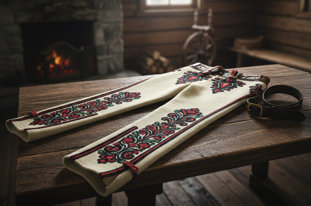 Białe wełniane spodnie góralskie męskie leżące na drewnianym stole w rustykalnym wnętrzu z kominkiem.