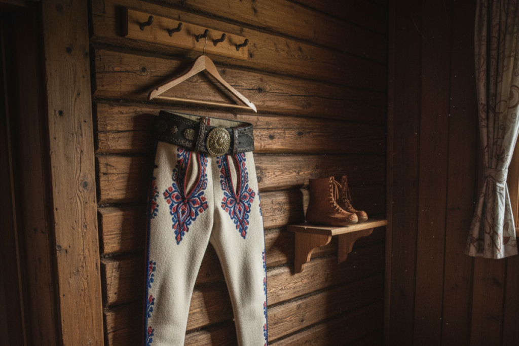 Białe wełniane spodnie góralskie męskie z szerokim skórzanym pasem, zawieszone na wieszaku w drewnianym wnętrzu.