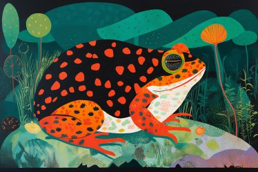 Na zdjęciu widać kolorową ilustrację przedstawiającą żabę o intensywnie pomarańczowych i czarnych plamach
