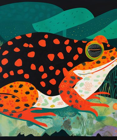 Na zdjęciu widać kolorową ilustrację przedstawiającą żabę o intensywnie pomarańczowych i czarnych plamach