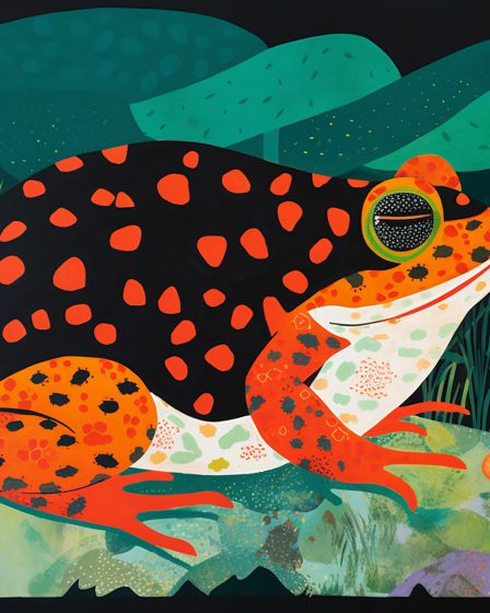 Na zdjęciu widać kolorową ilustrację przedstawiającą żabę o intensywnie pomarańczowych i czarnych plamach