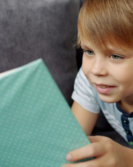 Na zdjęciu widać chłopca leżącego na kanapie, który z zaciekawieniem czyta książkę o zielonej okładce.